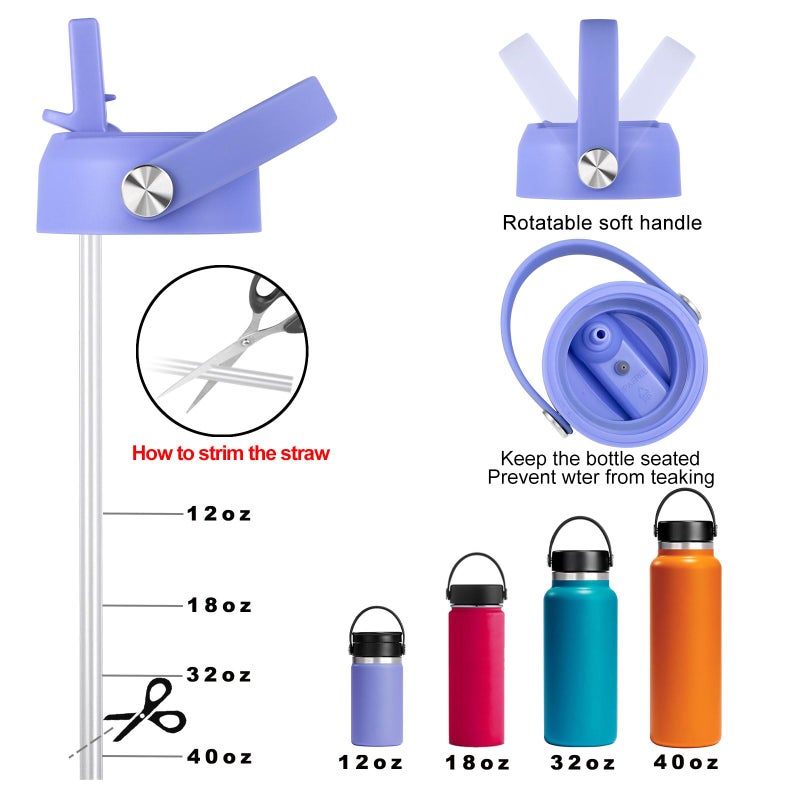 FLORAPELL غطاء من القش لقارورة المياه ذات الفم العريض، أغطية علوية مع قش متوافق مع قارورة مائية 32 40 أونصة، غطاء بديل واسع الفم، غطاء قلاب، مقبض مرن (باذنجان) - Image 3